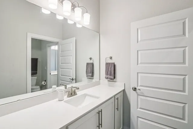 a bathroom with a sink vanity and a mirror