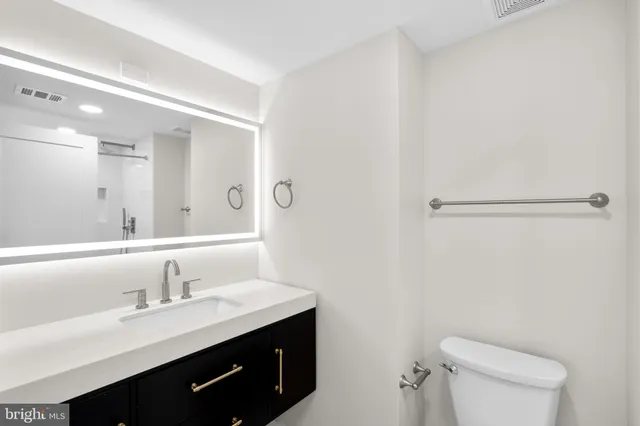 a bathroom with a sink a toilet a vanity and mirror