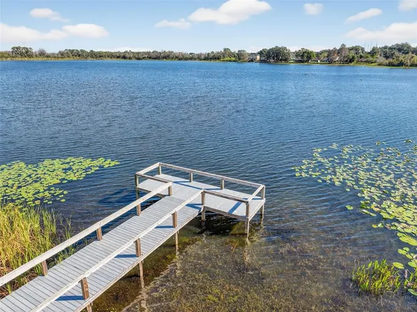 a view of a lake with a terrace