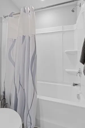 a bathroom with a shower and a toilet sink