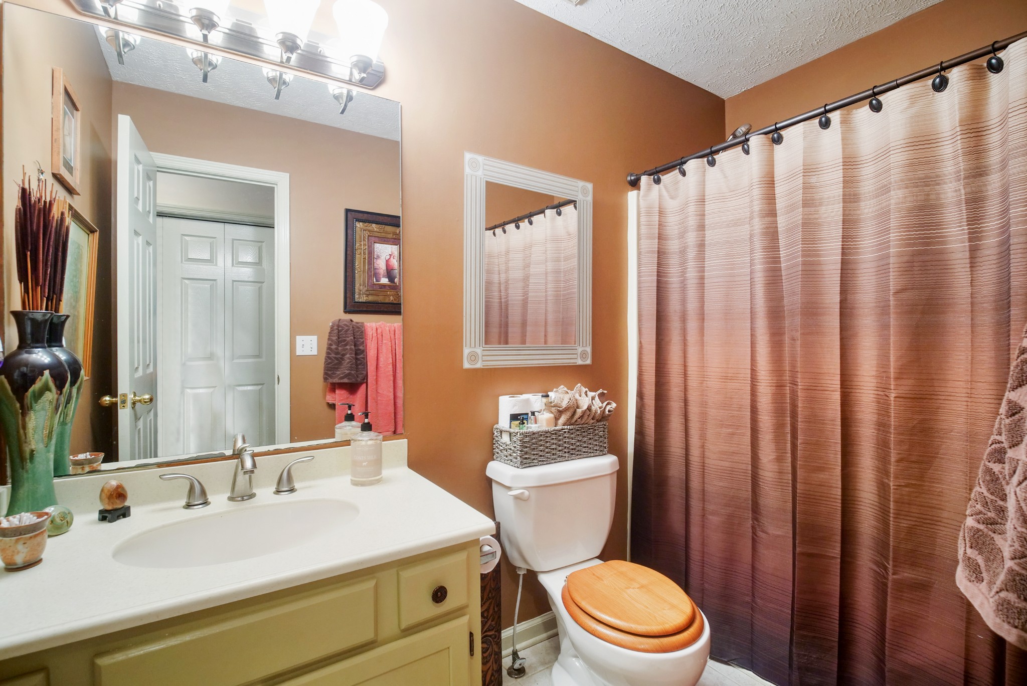 137 Gaskins Road Dickson, TN 37055 - Photo 21 of 38 a bathroom with a sink a toilet a mirror and shower curtain