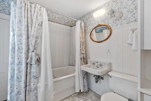 a bathroom with a sink a mirror a toilet and a bathtub