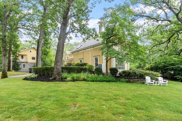 an aerial view of a house with yard swimming pool and outdoor seating