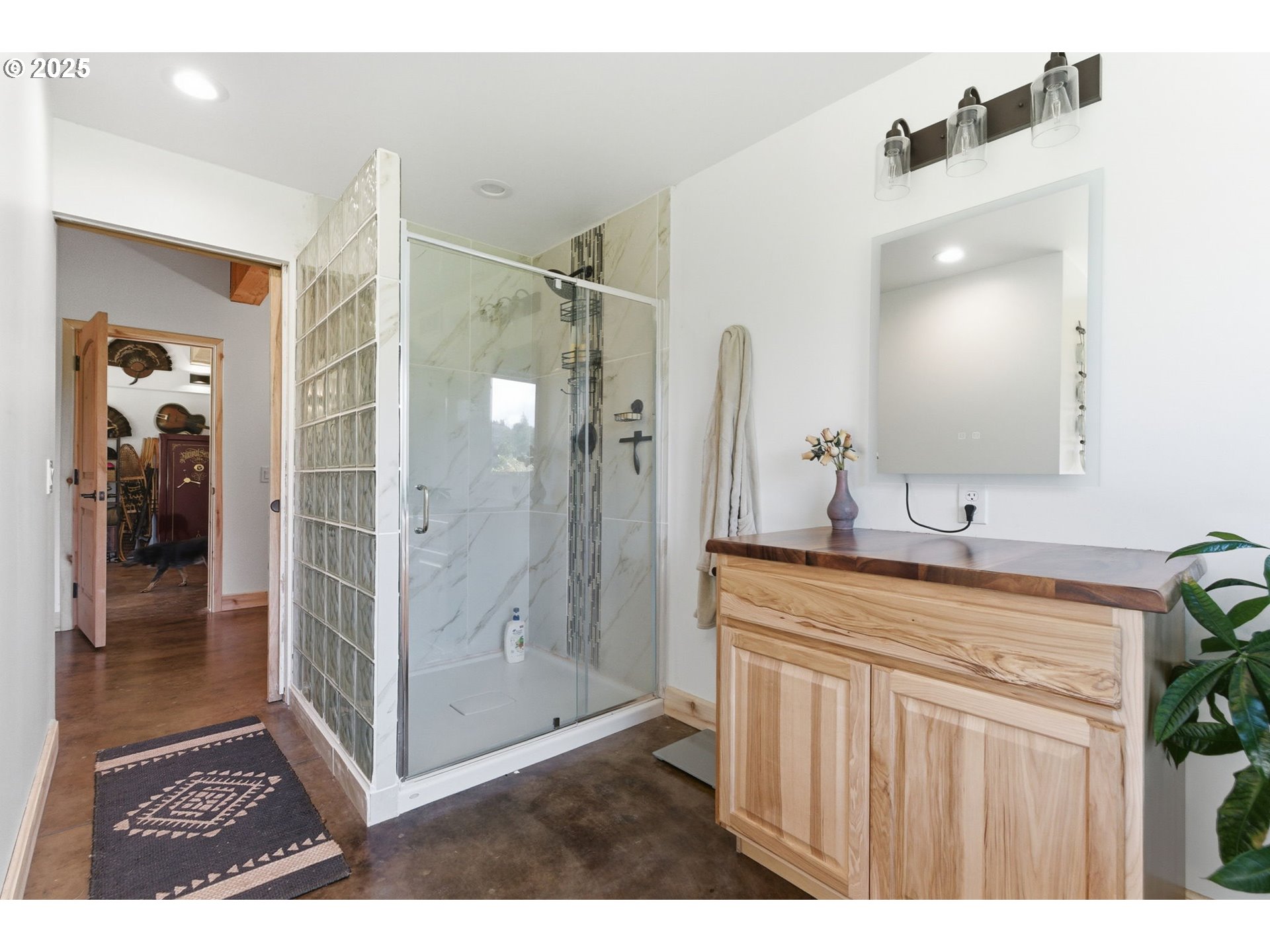 314 East Valley Road Skamokawa, WA 98647 - Photo 13 of 46 a bathroom with a shower a sink and a mirror