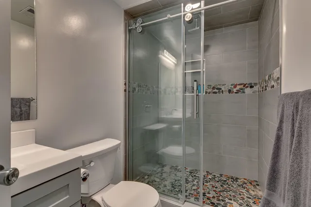 a bathroom with a shower toilet and sink