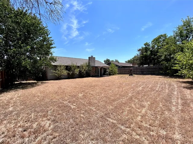 a street view with large trees