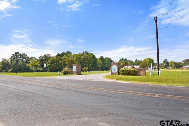 a view of a road with a big yard and palm trees