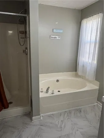 a bathroom with a bathtub and shower