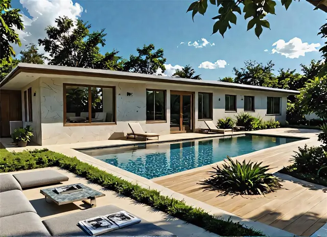 a view of a house with swimming pool and porch with furniture
