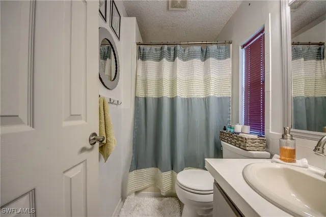 a bathroom with a sink a toilet and a shower curtain