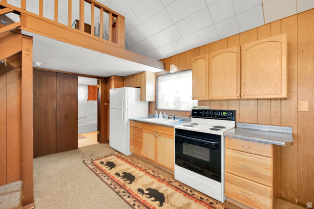 1234 Maple Lane, Unit 123 Midway, UT 84049 - Photo 6 of 19 Kitchen area featuring wood-paneled walls and a white tile ceiling