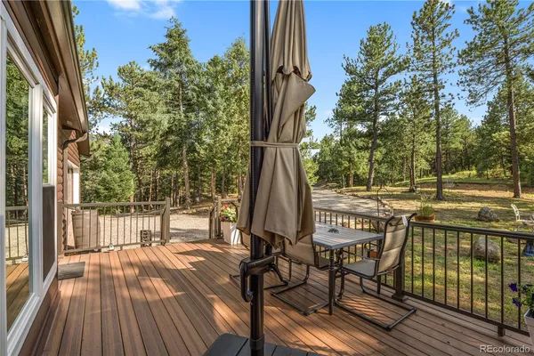 a view of a chairs and table on the wooden deck