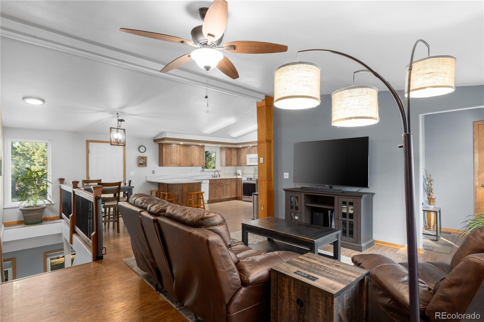 20065 Spring Creek Road Buffalo Creek, CO 80425 - Photo 10 of 41 a living room with furniture a flat screen tv and a fireplace