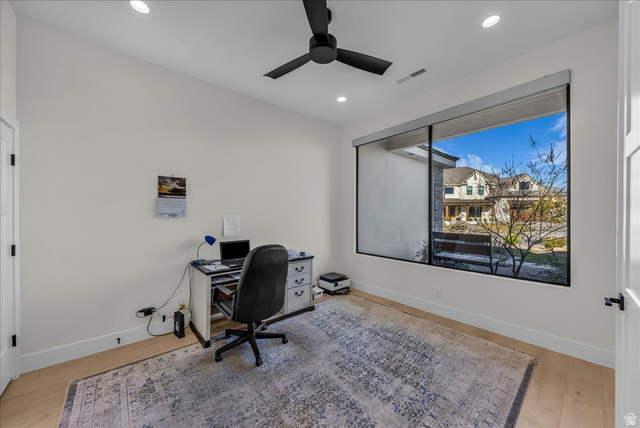 404 North Marsala Way St. George, UT 84770 - Photo 10 of 26 Home office featuring a ceiling fan, light wood-style floors, and recessed lighting