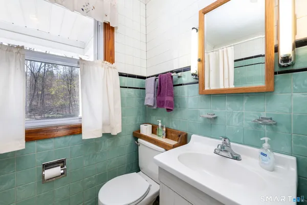 a bathroom with a sink toilet and mirror