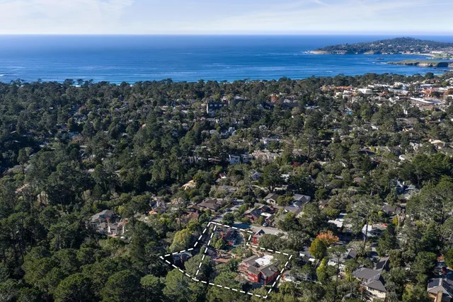 an aerial view of residential houses with city view