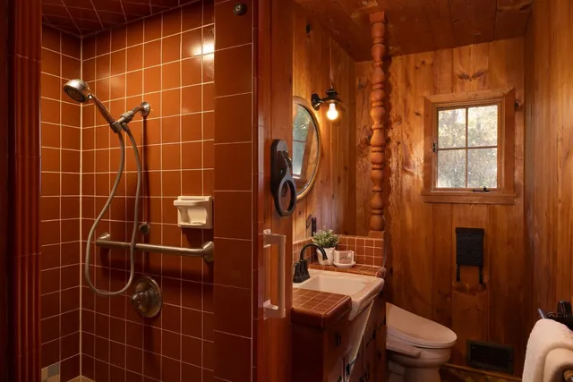 a bathroom with a toilet a sink a mirror and shower