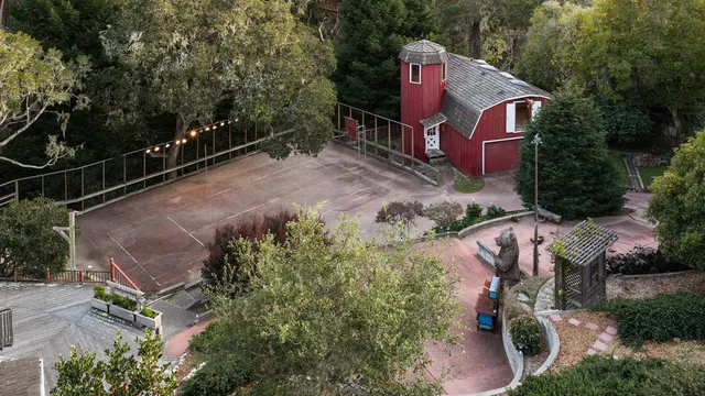 an aerial view of a house with a yard and large trees