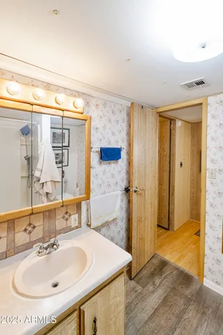 a bathroom with a sink and a mirror