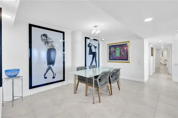 a view of a dining room with furniture