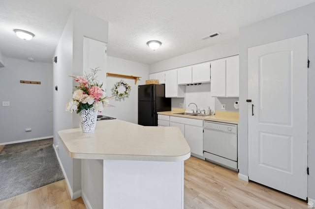 1175 Canyon Road, Unit 86 Ogden, UT 84404 - Photo 12 of 29 Kitchen featuring white cabinetry, black appliances, a double-basin sink, and wood-finish flooring
