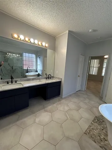 a large bathroom with a sink a large mirror and a shower