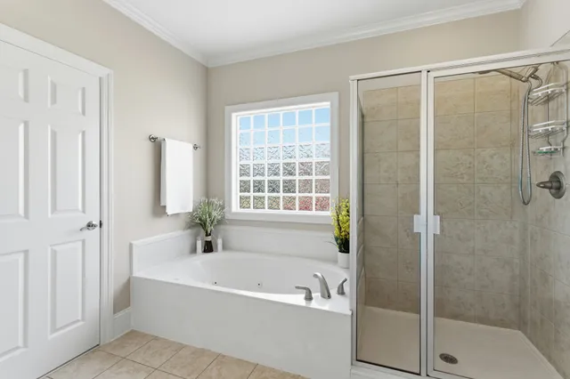 a bathroom with a bathtub and a shower