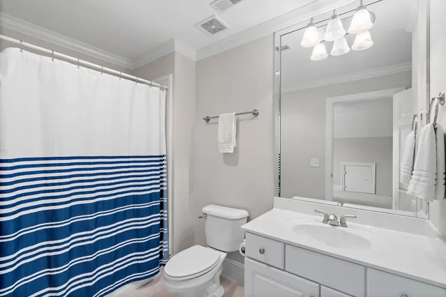 a bathroom with a sink a toilet a large mirror and shower curtain