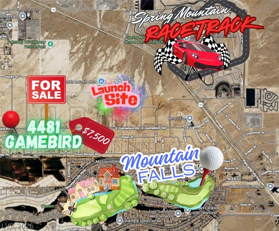 4481 East Gamebird Road Pahrump, NV 89048 - Photo 5 of 6 An aerial map highlights a prime parcel, offering proximity to a racetrack, golf course, and a launch site.