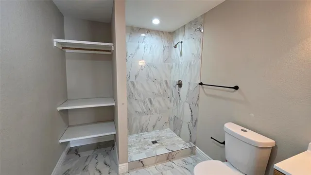 a bathroom with a shower and toilet