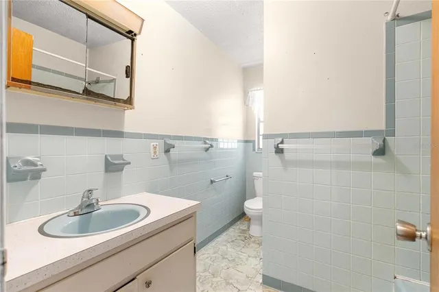 a bathroom with a sink a toilet and a mirror