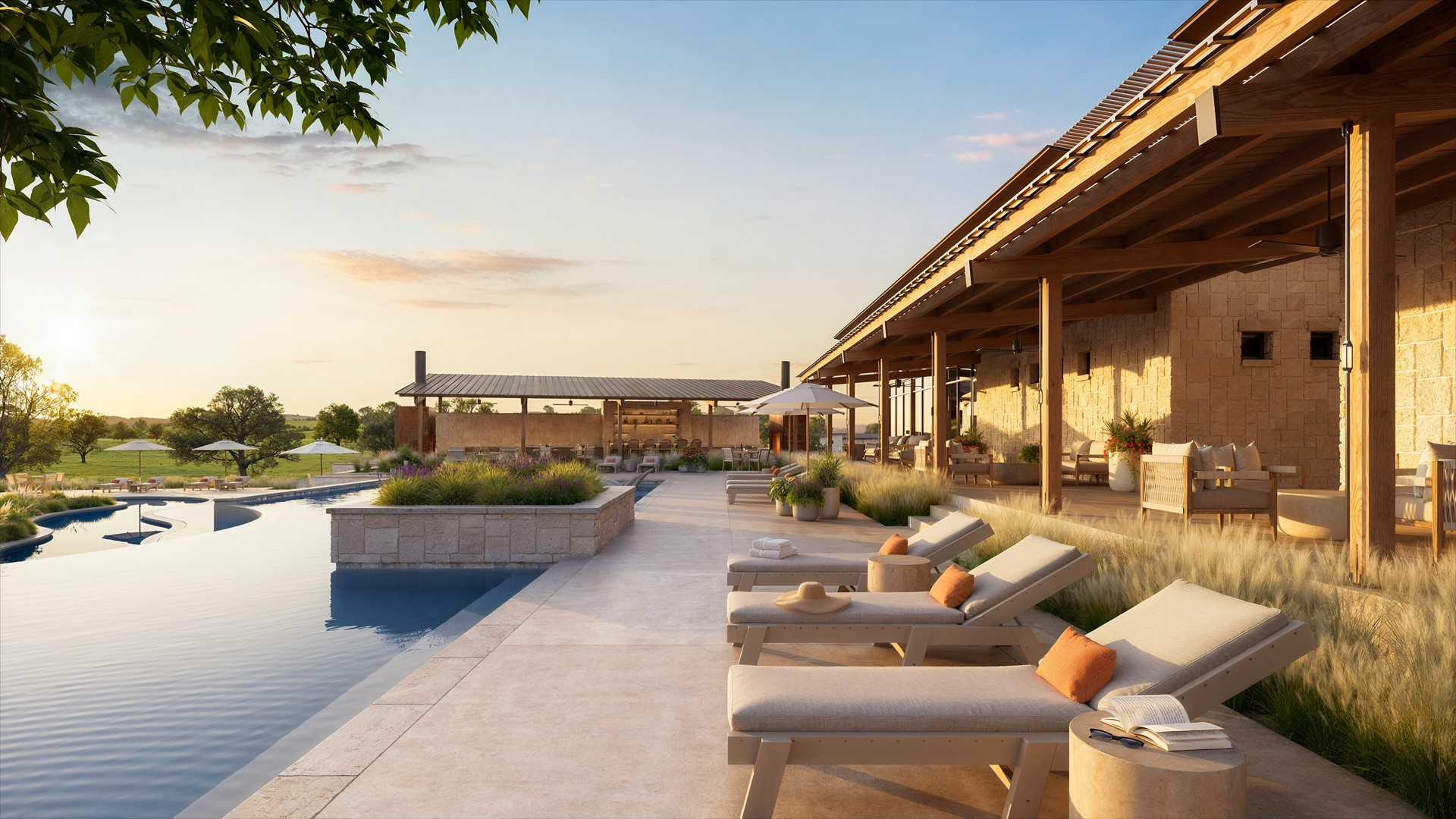 310 Hye Springs Road, Unit 107 Hye, TX 78635 - Photo 14 of 20 Luxurious poolside retreat with lounge seating, outdoor gathering spaces, and refined landscaping creating a private resort-style atmosphere.