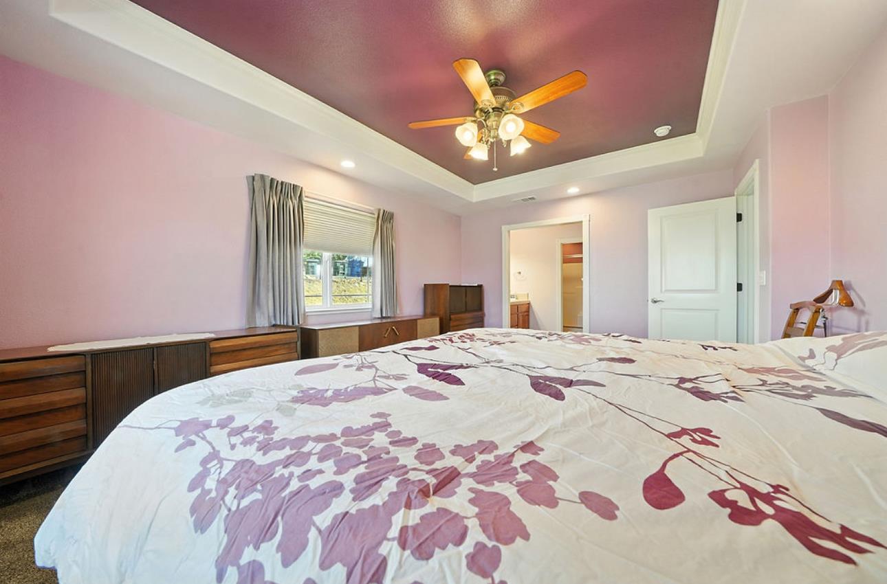 5825 Rippon Road Valley Springs, CA 95252 - Photo 23 of 45 a bedroom with a bed and a chandelier