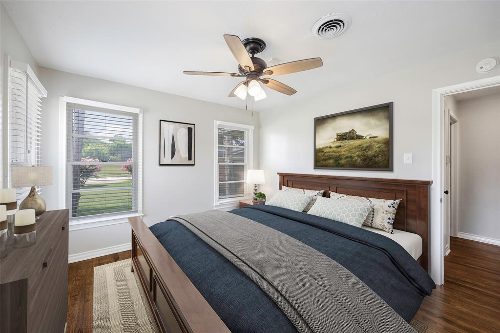 2323 Sutter Street Dallas, TX 75216 - Photo 20 of 30 Virtually staged Bedroom featuring ceiling fan and dark hardwood / wood-style flooring