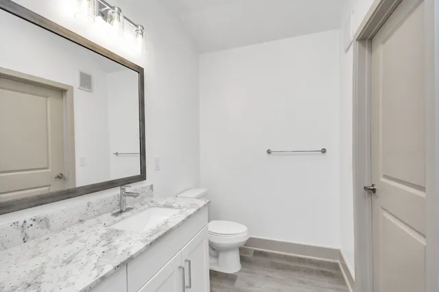 a bathroom with a granite countertop sink toilet and mirror