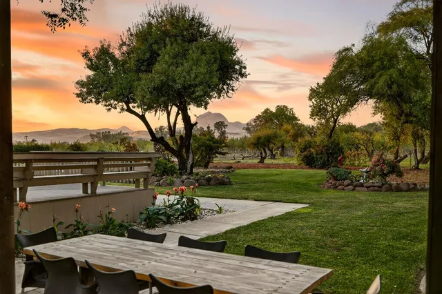 a view of a patio with table and chairs and potted plants