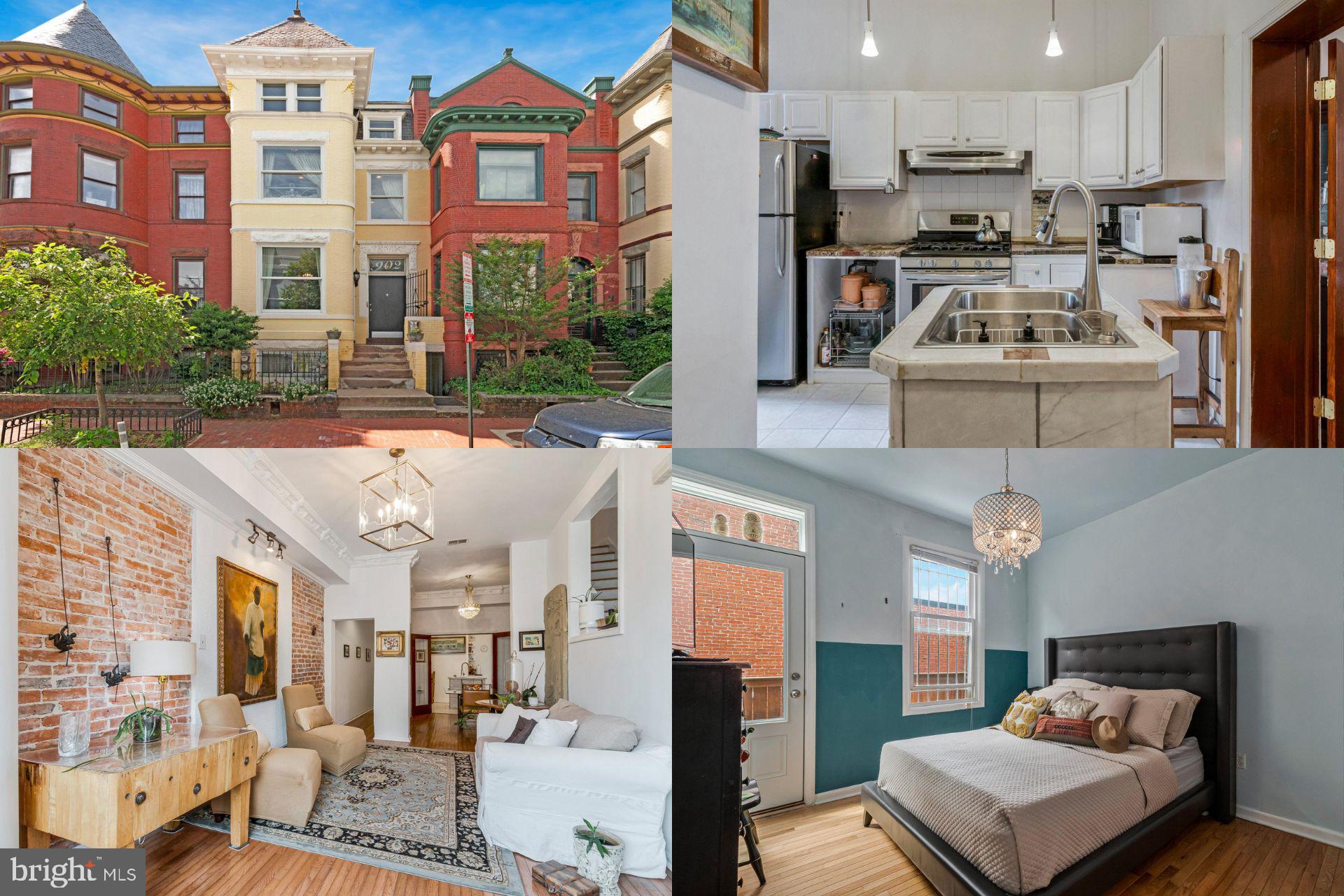 a kitchen with stainless steel appliances kitchen island granite countertop a refrigerator oven a sink dishwasher and white cabinets with wooden floor