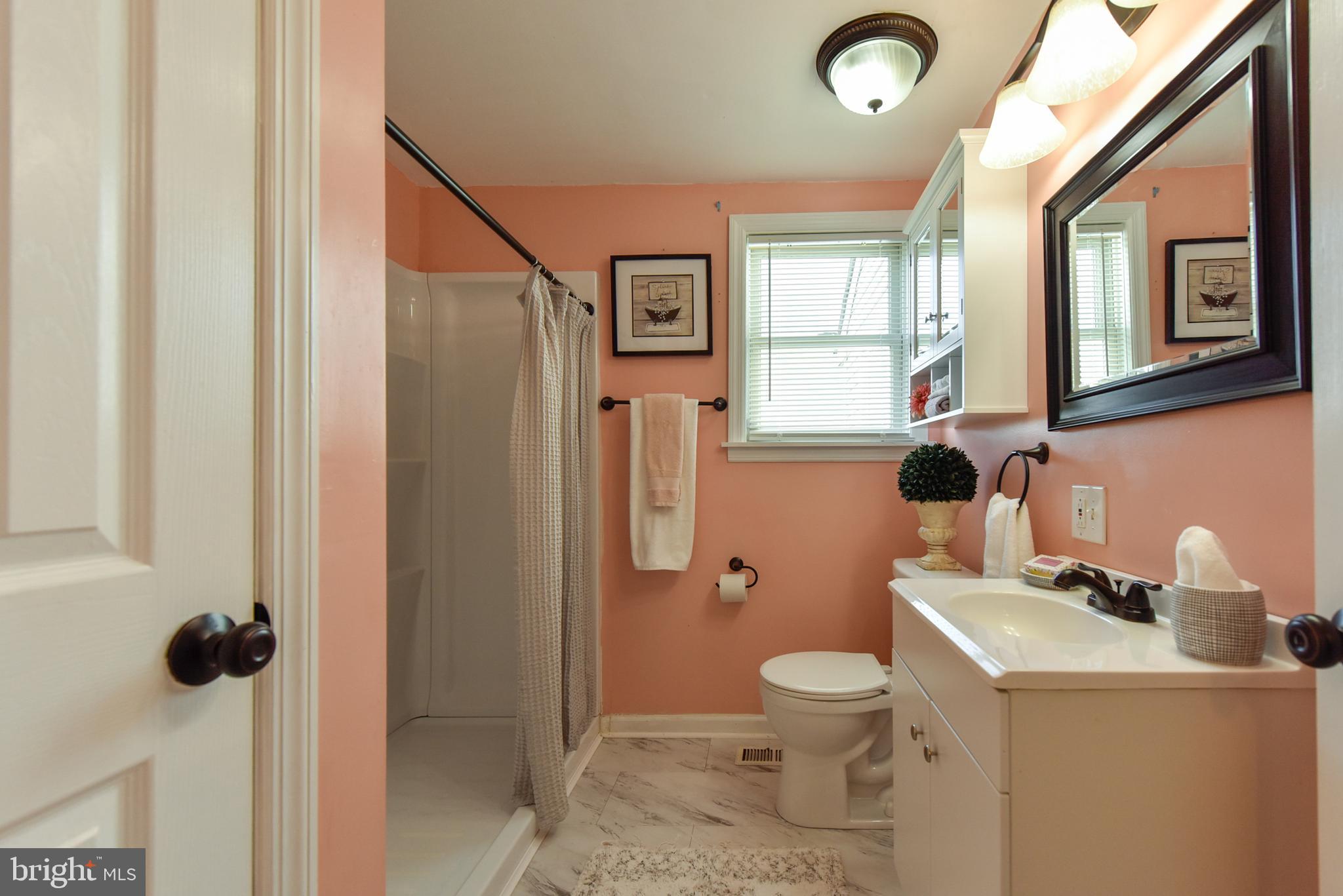 19 Harrisonville Lake Road Pilesgrove, NJ 08098 - Photo 26 of 44 a bathroom with a toilet sink a shower and a mirror