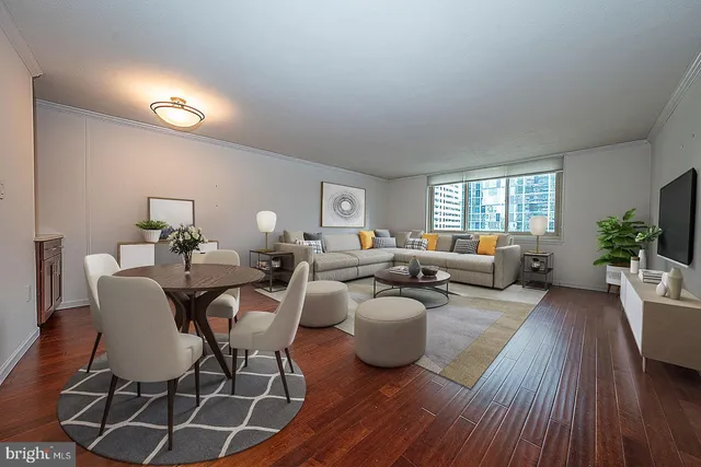 a living room with couches chairs and a potted plant with wooden floor