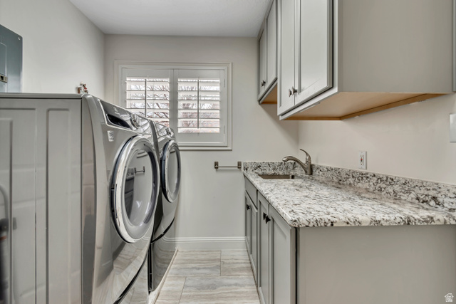 1697 North 500 West Mapleton, UT 84664 - Photo 13 of 50 Laundry room with cabinet space, washing machine and dryer, and electric panel