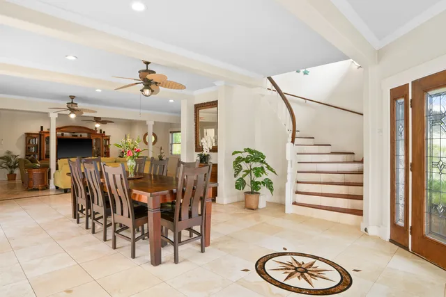 a view of a dining room with furniture