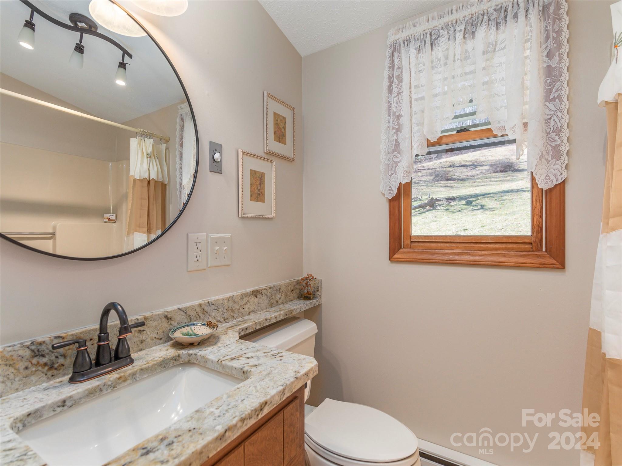 232 Stoney Ridge Loop Maggie Valley, NC 28751 - Photo 17 of 32 a bathroom with a granite countertop sink mirror vanity and toilet