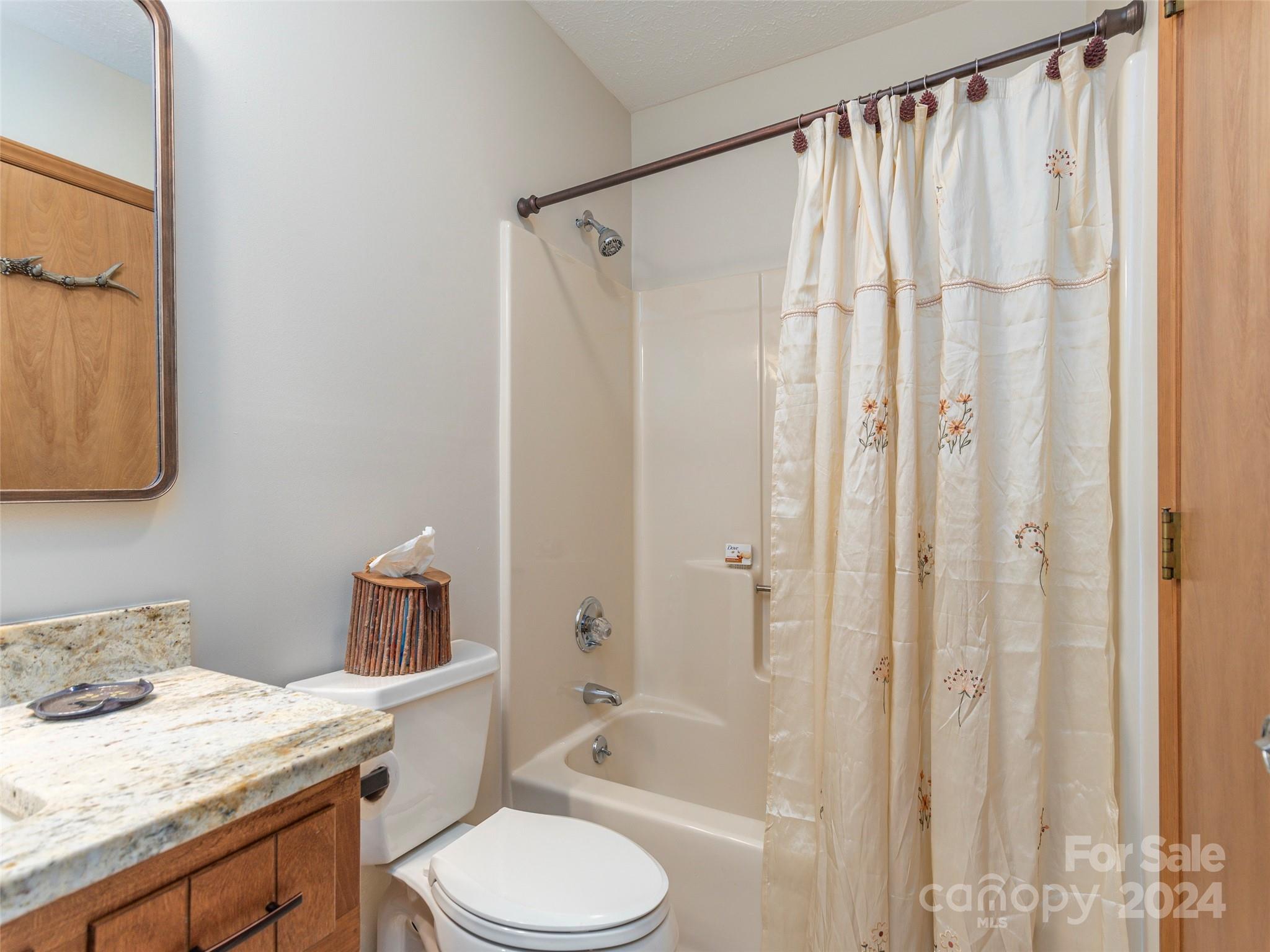 232 Stoney Ridge Loop Maggie Valley, NC 28751 - Photo 21 of 32 a bathroom with a granite countertop sink toilet and shower