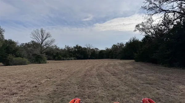 a view of dirt field with trees in background