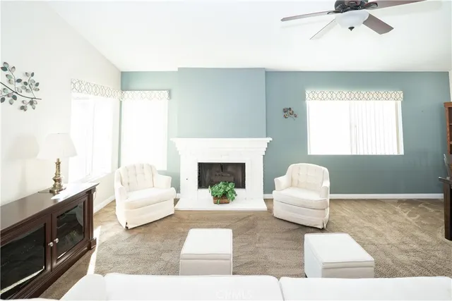 a living room with furniture and a fireplace