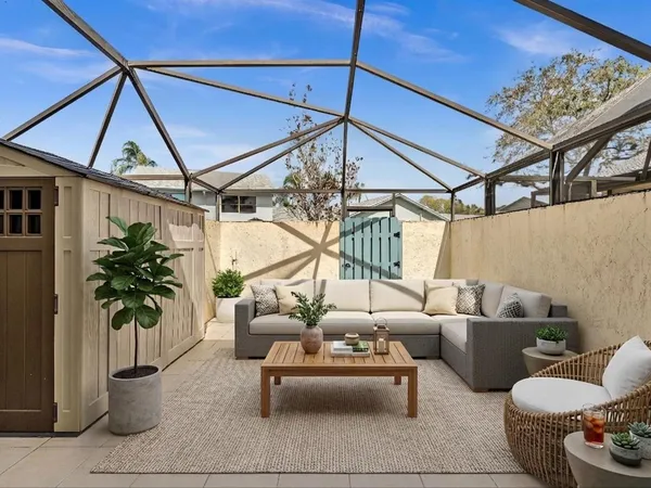 a living room with furniture and a potted plant
