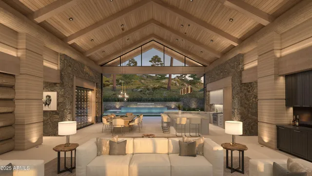 a view of a living room with a large window