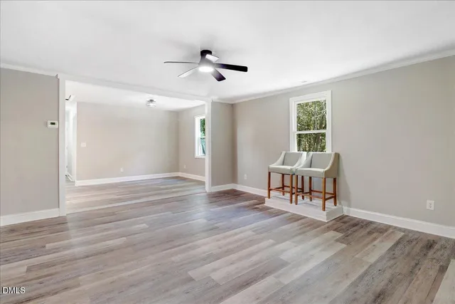 a view of a yard with plants and trees