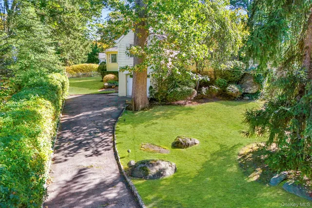 a view of a street with large trees