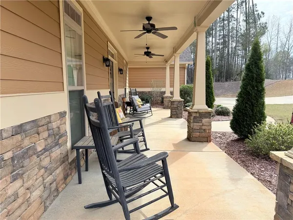 a building outdoor space with patio furniture